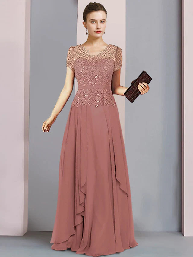 Wholesale A-Line Mother of the Bride Dress Formal Party Sparkle & Shine Elegant V Neck Floor Length Chiffon Sequined Short Sleeve with Pleats Sequin
